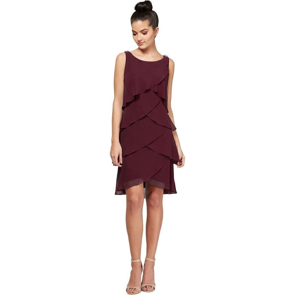 SLNY New York Burgundy Red Tiered Shift Knee Length Dress 10